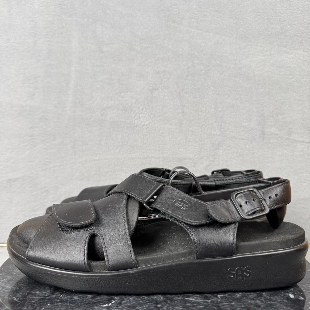 SAS Huggy Cross Strap Sandal Black Leather Comfort Women's Size 9.5N US